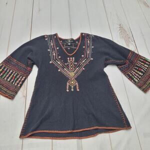 Vintage Lucky Brand wool floral embroidered sweater flare sleeve boho gypsy